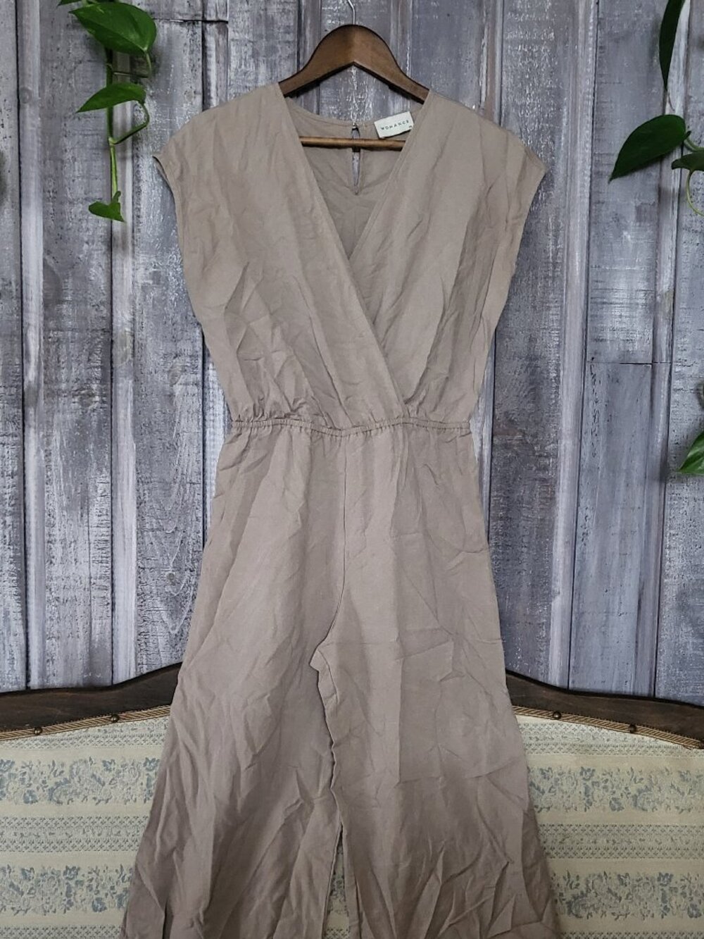 Womance Taupe Tencel Linen Blend Wide Leg Sleeveless Jumpsuit